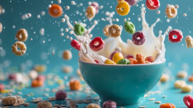 Spinning bowl of colorful cereal with milk