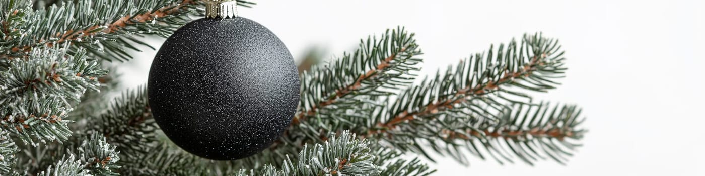 A refined close-up image of a glossy black Christmas ornament hanging on a lush green pine branch, set against a crisp white background. The minimal design offers a stylish, modern look, leaving space for text or branding, ideal for holiday promotions or seasonal messaging.