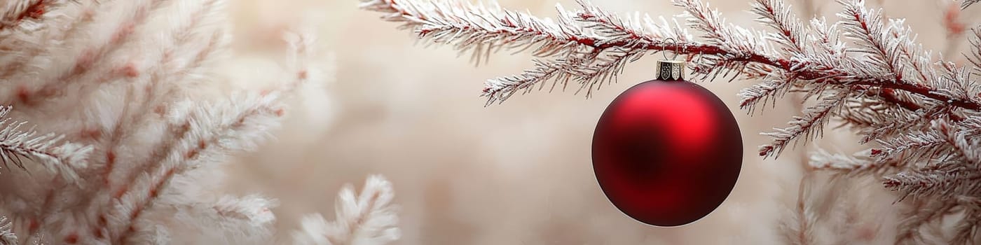 A clean and close-up advertising image showcasing a shiny red Christmas ornament hanging from a lush green pine branch, set against a pure white background. The minimalist design leaves one-third of the space open for text, making it ideal for holiday marketing, seasonal messages, or festive branding needs.