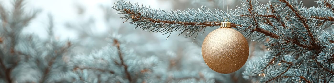 A glossy golden Christmas ornament hangs elegantly on a lush green pine branch, set against a pristine white background. This minimalistic setup includes one-third of the image as blank space, perfect for adding festive text or holiday branding elements.