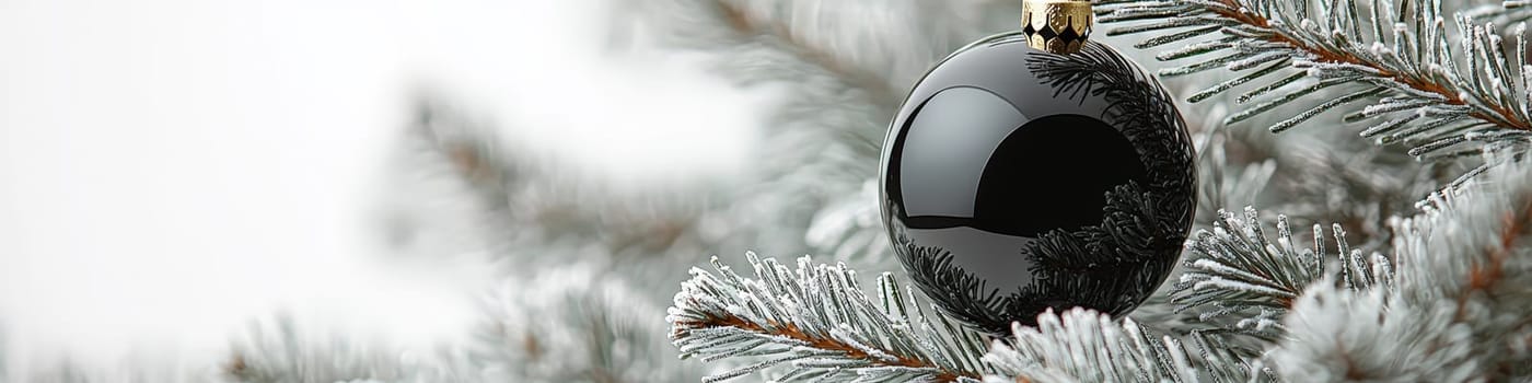 A refined close-up image of a glossy black Christmas ornament hanging on a lush green pine branch, set against a crisp white background. The minimal design offers a stylish, modern look, leaving space for text or branding, ideal for holiday promotions or seasonal messaging.