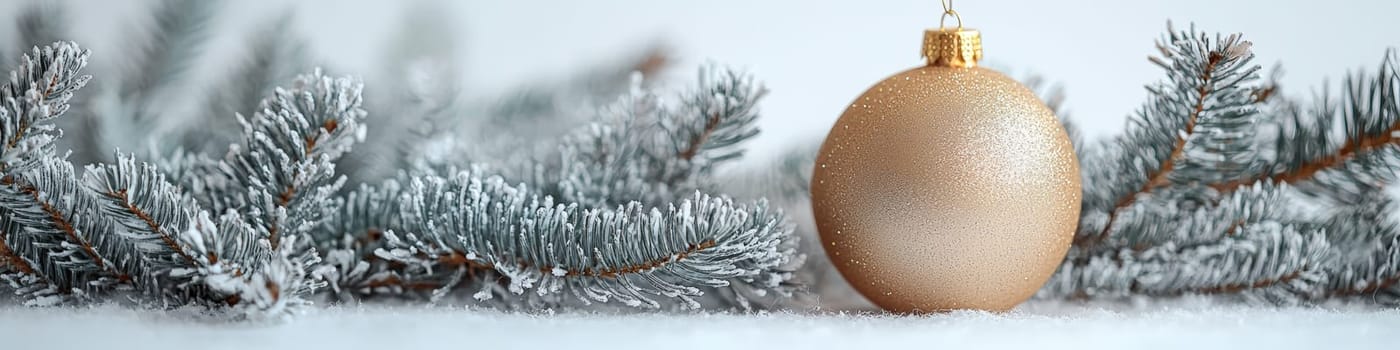 A glossy golden Christmas ornament hangs elegantly on a lush green pine branch, set against a pristine white background. This minimalistic setup includes one-third of the image as blank space, perfect for adding festive text or holiday branding elements.
