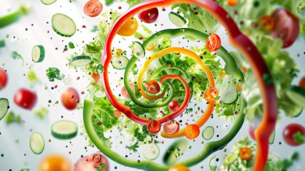 Spinning salad ingredients forming a swirl, representing the joy of healthy eating