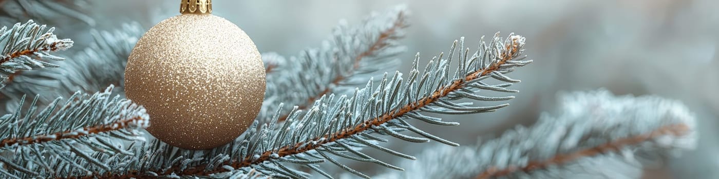 A glossy golden Christmas ornament hangs elegantly on a lush green pine branch, set against a pristine white background. This minimalistic setup includes one-third of the image as blank space, perfect for adding festive text or holiday branding elements.