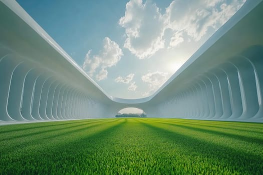 Modern sports stadium with white columns and lush green lawn on a sunny clear day.