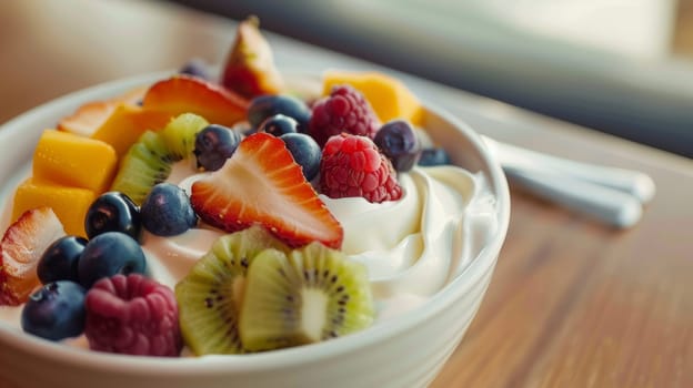 Spinning bowl of creamy yogurt with fruit toppings