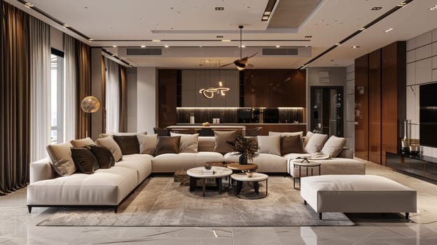 A large living room with a white couch and a brown couch. The room has a modern and elegant feel