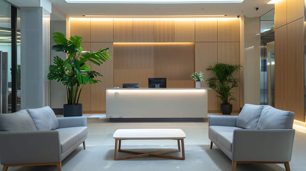A modern office lobby with a large plant and two couches. The room has a clean and minimalist design