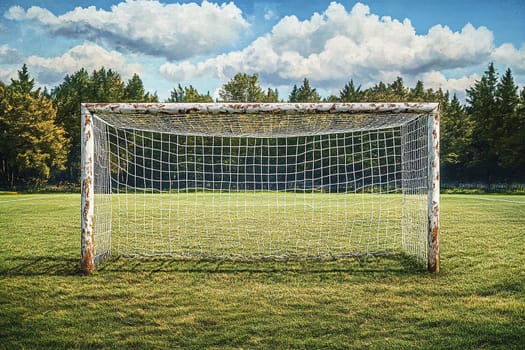 Old football goal with peeling paint and net in rural area