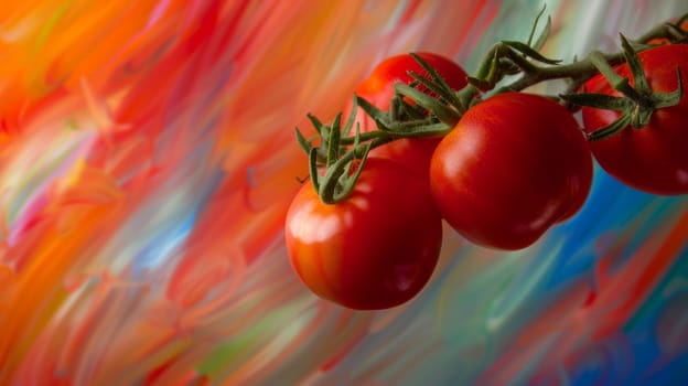 Spinning tomatoes against an abstract background of vibrant hues