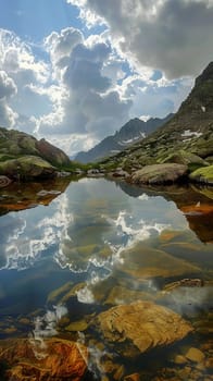 Tranquil mountain pools reflecting cloud-streaked skies