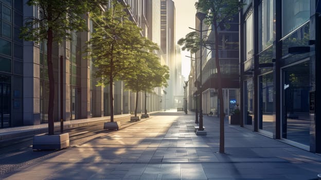 A city street with a sidewalk and a tree in the middle. The street is empty and the sun is shining brightly