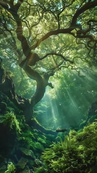 A tree is in the foreground of a forest, with sunlight shining through the leaves. Scene is peaceful and serene, as the tree stands tall and strong in the midst of the greenery