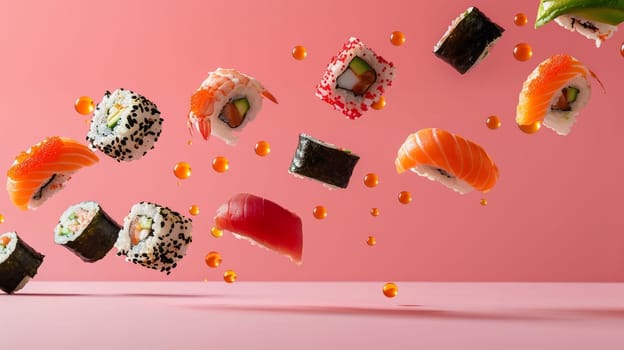 Vibrant composition of levitating sushi rolls arranged in a diagonal pattern