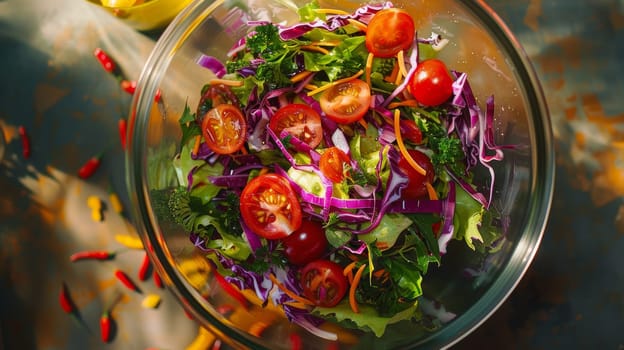 Vibrant salad ingredients swirling in a mixing bowl
