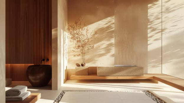 A bathroom with a wooden floor and a large window. The bathroom has a modern design with a large bathtub and a small sink. The bathroom is decorated with a vase and a potted plant