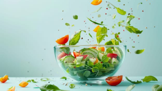Whirling bowl of salad ingredients against a blank backdrop