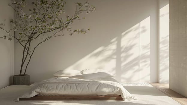 A bedroom with a white bed and a tree in a vase. The room is very clean and has a minimalist design