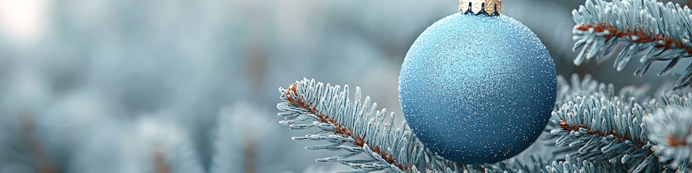 A crisp, clean blue Christmas ornament hanging from a fluffy green branch of a live Christmas tree, set against a simple white background. The photo is designed with one-third of the space reserved for text, making it ideal for holiday advertising or seasonal messages.