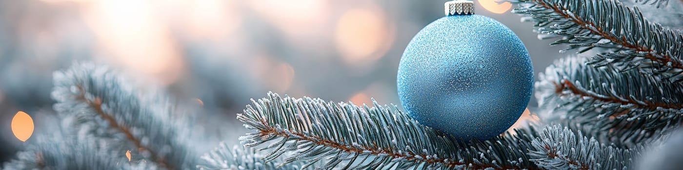 A crisp, clean blue Christmas ornament hanging from a fluffy green branch of a live Christmas tree, set against a simple white background. The photo is designed with one-third of the space reserved for text, making it ideal for holiday advertising or seasonal messages.