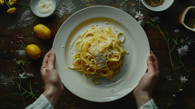Top-down shot of a spinning plate of gourmet pasta