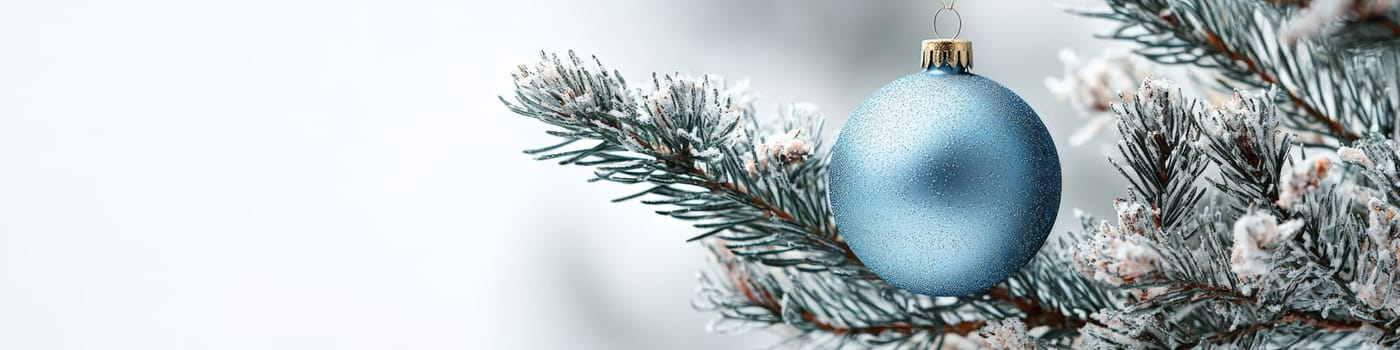 A crisp, clean blue Christmas ornament hanging from a fluffy green branch of a live Christmas tree, set against a simple white background. The photo is designed with one-third of the space reserved for text, making it ideal for holiday advertising or seasonal messages.