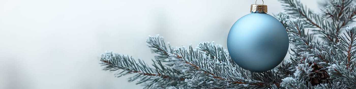 A crisp, clean blue Christmas ornament hanging from a fluffy green branch of a live Christmas tree, set against a simple white background. The photo is designed with one-third of the space reserved for text, making it ideal for holiday advertising or seasonal messages.