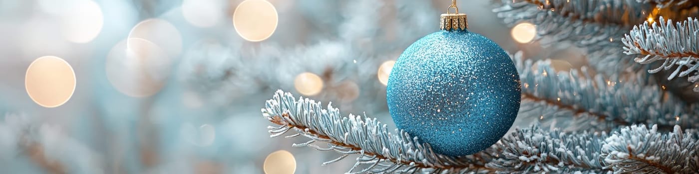 A crisp, clean blue Christmas ornament hanging from a fluffy green branch of a live Christmas tree, set against a simple white background. The photo is designed with one-third of the space reserved for text, making it ideal for holiday advertising or seasonal messages.