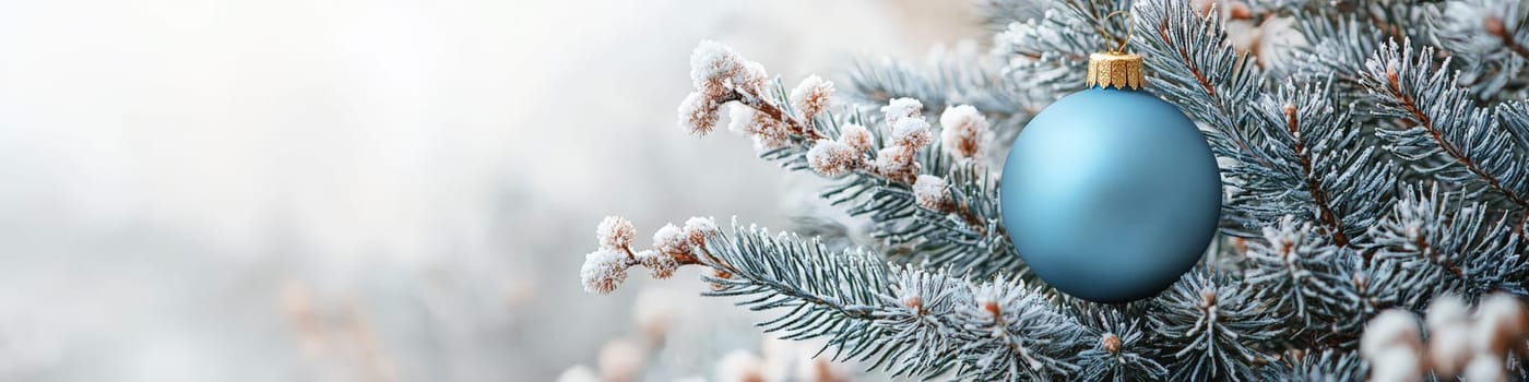 A crisp, clean blue Christmas ornament hanging from a fluffy green branch of a live Christmas tree, set against a simple white background. The photo is designed with one-third of the space reserved for text, making it ideal for holiday advertising or seasonal messages.