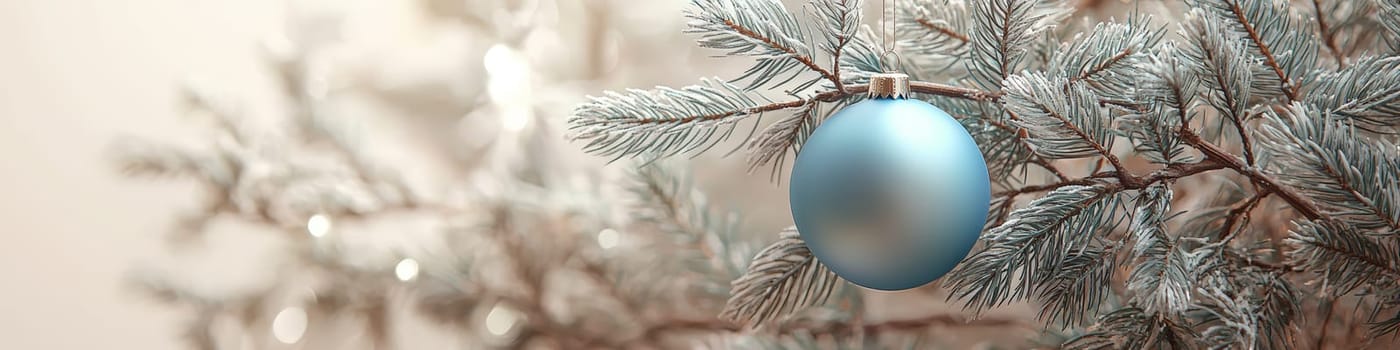 A crisp, clean blue Christmas ornament hanging from a fluffy green branch of a live Christmas tree, set against a simple white background. The photo is designed with one-third of the space reserved for text, making it ideal for holiday advertising or seasonal messages.