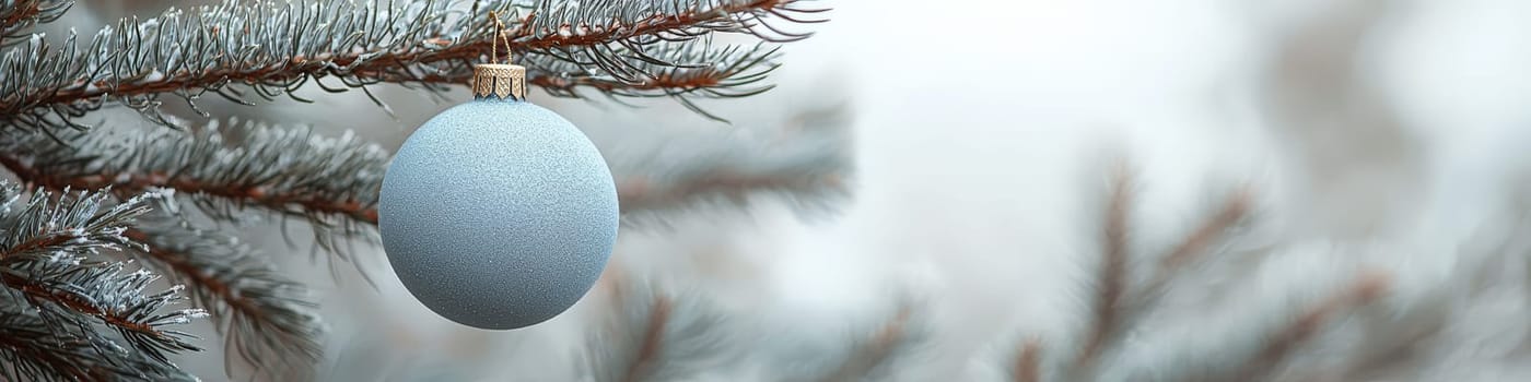 A crisp, clean blue Christmas ornament hanging from a fluffy green branch of a live Christmas tree, set against a simple white background. The photo is designed with one-third of the space reserved for text, making it ideal for holiday advertising or seasonal messages.