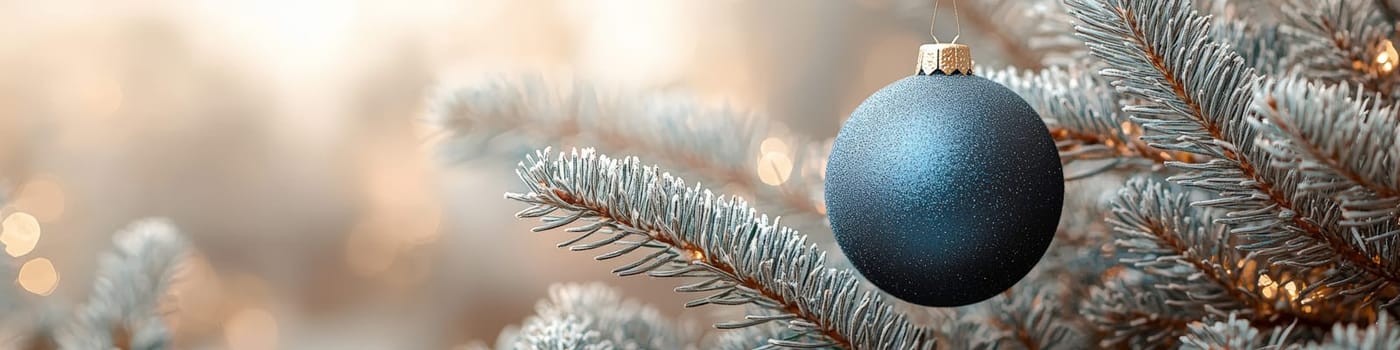 A crisp, clean blue Christmas ornament hanging from a fluffy green branch of a live Christmas tree, set against a simple white background. The photo is designed with one-third of the space reserved for text, making it ideal for holiday advertising or seasonal messages.
