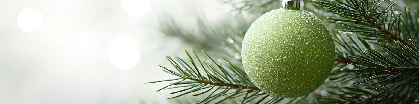 A clean, vibrant green Christmas ornament hanging on a lush branch of a live Christmas tree, with a white background that leaves one-third of the space for customizable text. This close-up advertising photo captures a classic holiday scene in a minimalist style.