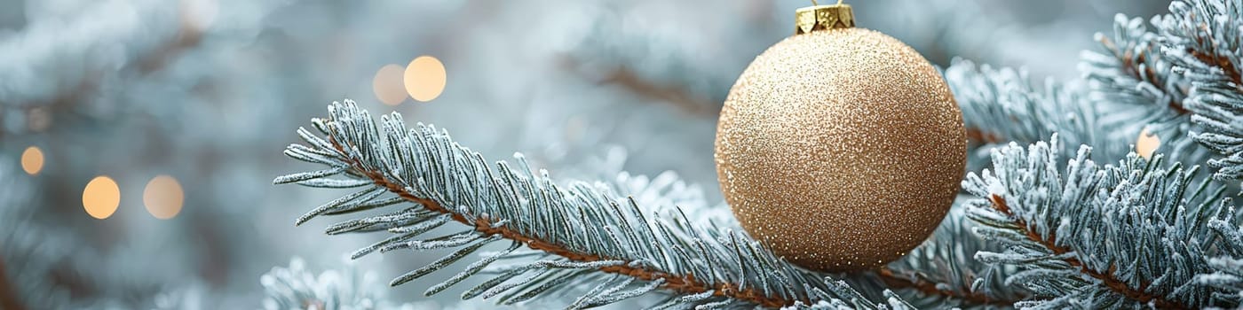 A glossy golden Christmas ornament hangs elegantly on a lush green pine branch, set against a pristine white background. This minimalistic setup includes one-third of the image as blank space, perfect for adding festive text or holiday branding elements.