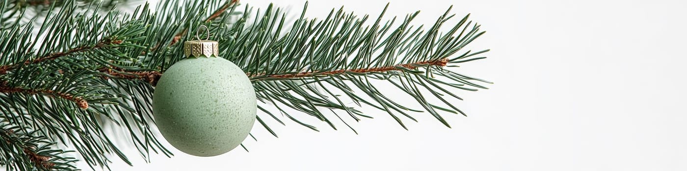 A clean, vibrant green Christmas ornament hanging on a lush branch of a live Christmas tree, with a white background that leaves one-third of the space for customizable text. This close-up advertising photo captures a classic holiday scene in a minimalist style.