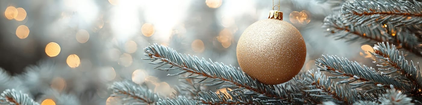 A glossy golden Christmas ornament hangs elegantly on a lush green pine branch, set against a pristine white background. This minimalistic setup includes one-third of the image as blank space, perfect for adding festive text or holiday branding elements.