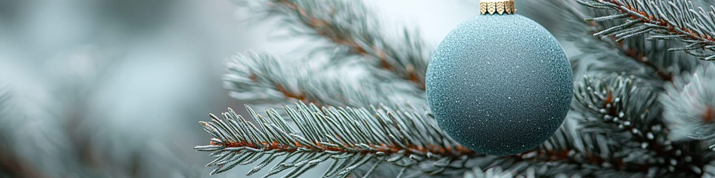 A crisp, clean blue Christmas ornament hanging from a fluffy green branch of a live Christmas tree, set against a simple white background. The photo is designed with one-third of the space reserved for text, making it ideal for holiday advertising or seasonal messages.
