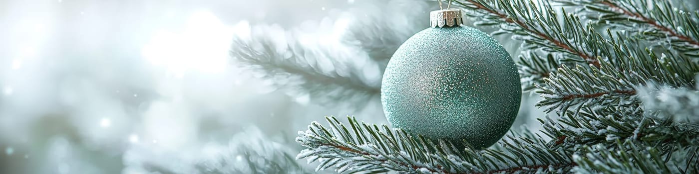 A crisp, clean green  Christmas ornament hanging from a fluffy green branch of a live Christmas tree, set against a simple white background. The photo is designed with one-third of the space reserved for text, making it ideal for holiday advertising or seasonal messages.