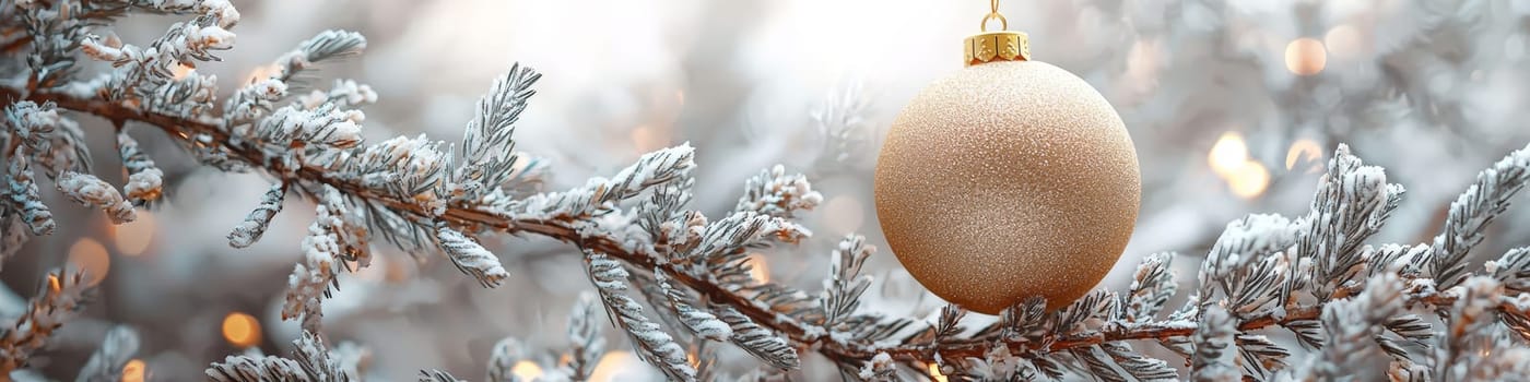 A glossy golden Christmas ornament hangs elegantly on a lush green pine branch, set against a pristine white background. This minimalistic setup includes one-third of the image as blank space, perfect for adding festive text or holiday branding elements.