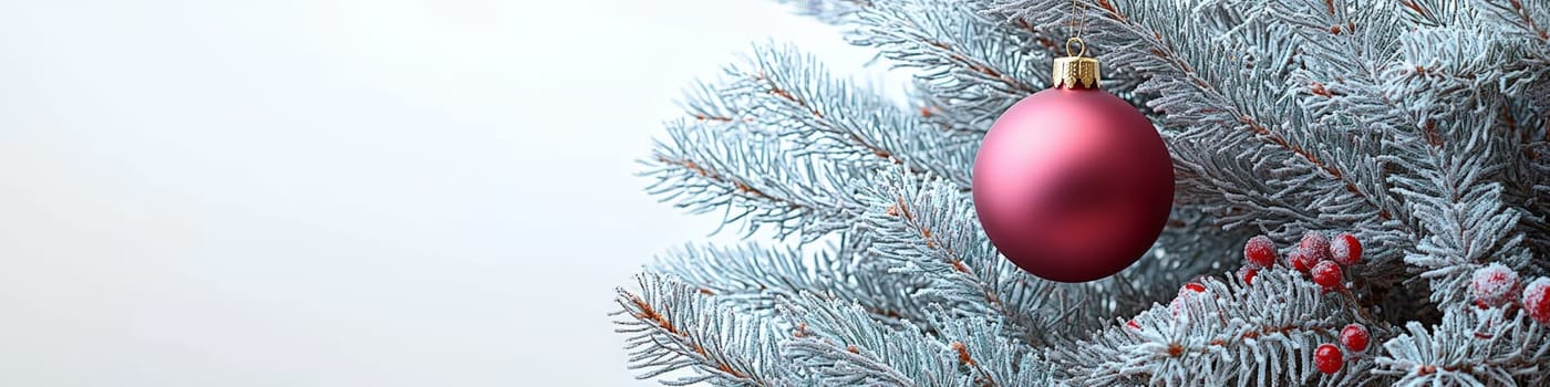 A bright magenta Christmas ornament hanging on a lush green branch of a live Christmas tree, set against a clean white background. The composition includes one-third of the image as blank space, perfect for adding festive text or branding in holiday promotions.