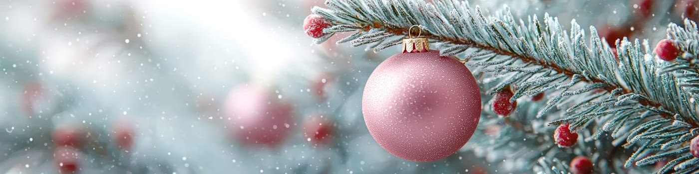 A bright magenta Christmas ornament hanging on a lush green branch of a live Christmas tree, set against a clean white background. The composition includes one-third of the image as blank space, perfect for adding festive text or branding in holiday promotions.