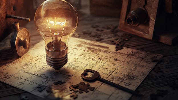 A visual representation of essential concepts, featuring symbols like a lightbulb, puzzle piece, and key to emphasize the connection, understanding, and unlocking of core ideas. This image highlights the process of linking thoughts and gaining insights.