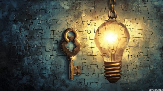 A visual representation of essential concepts, featuring symbols like a lightbulb, puzzle piece, and key to emphasize the connection, understanding, and unlocking of core ideas. This image highlights the process of linking thoughts and gaining insights.