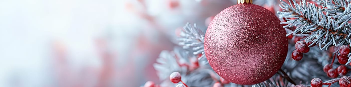 A bright magenta Christmas ornament hanging on a lush green branch of a live Christmas tree, set against a clean white background. The composition includes one-third of the image as blank space, perfect for adding festive text or branding in holiday promotions.