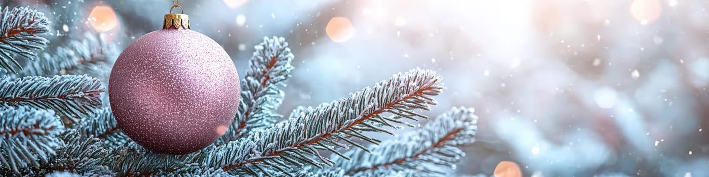 A bright magenta Christmas ornament hanging on a lush green branch of a live Christmas tree, set against a clean white background. The composition includes one-third of the image as blank space, perfect for adding festive text or branding in holiday promotions.