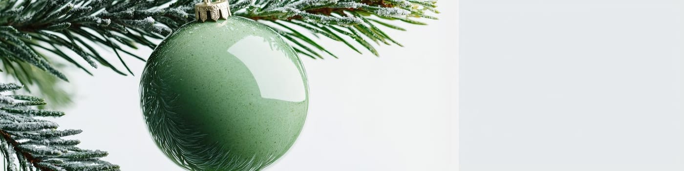 A clean, vibrant green Christmas ornament hanging on a lush branch of a live Christmas tree, with a white background that leaves one-third of the space for customizable text. This close-up advertising photo captures a classic holiday scene in a minimalist style.