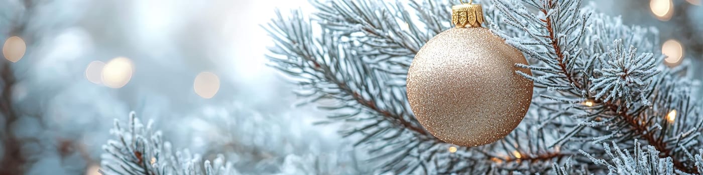 A glossy golden Christmas ornament hangs elegantly on a lush green pine branch, set against a pristine white background. This minimalistic setup includes one-third of the image as blank space, perfect for adding festive text or holiday branding elements.