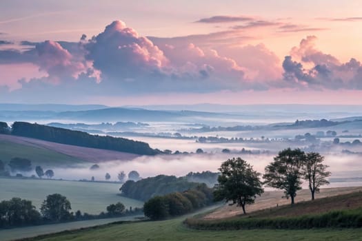 A panoramic view of a misty landscape, with rolling hills and trees. The sky is a soft pink and blue, with fluffy clouds. A high-quality photo.