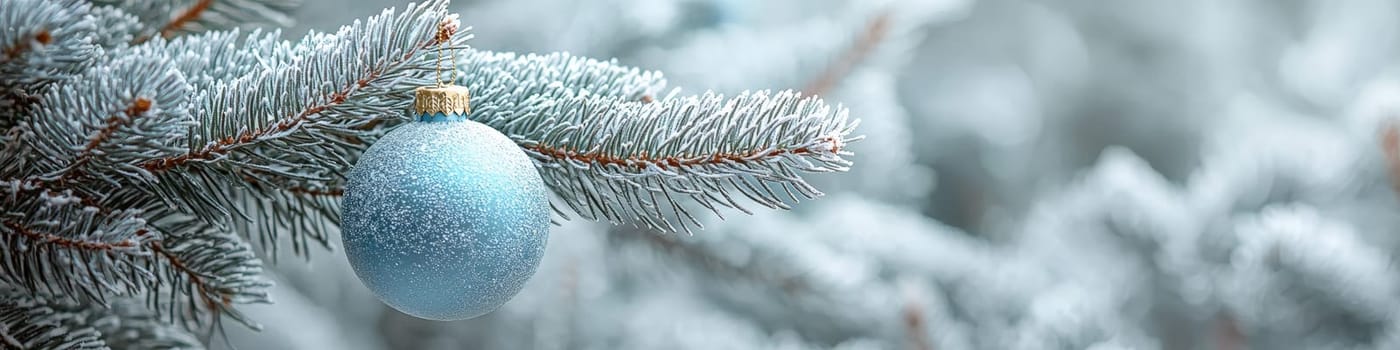 A crisp, clean blue Christmas ornament hanging from a fluffy green branch of a live Christmas tree, set against a simple white background. The photo is designed with one-third of the space reserved for text, making it ideal for holiday advertising or seasonal messages.