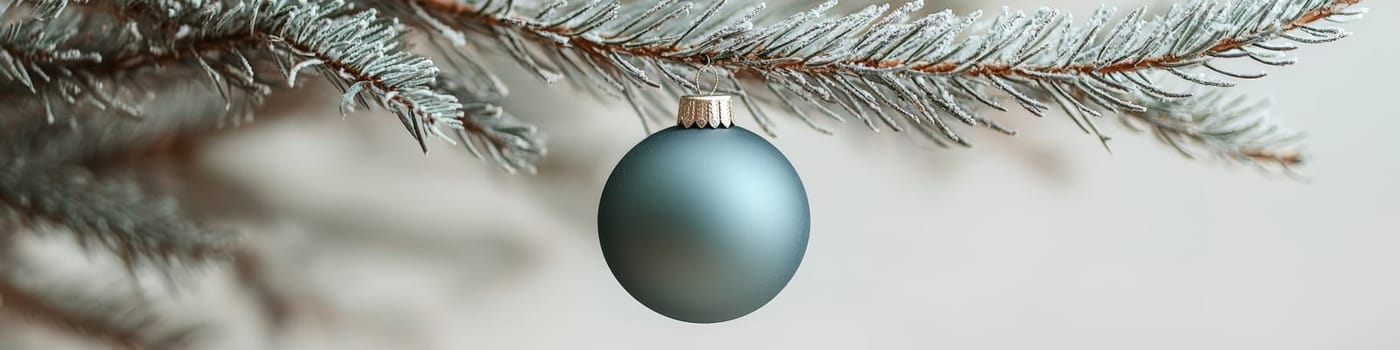 A crisp, clean blue Christmas ornament hanging from a fluffy green branch of a live Christmas tree, set against a simple white background. The photo is designed with one-third of the space reserved for text, making it ideal for holiday advertising or seasonal messages.